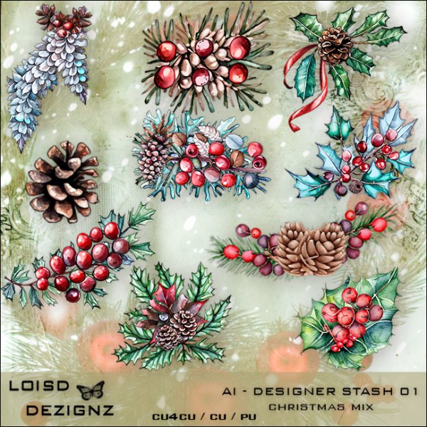 AI Designer Stash 01 - Watercolour Christmas Mix - CU4CU/CU/PU - Click Image to Close