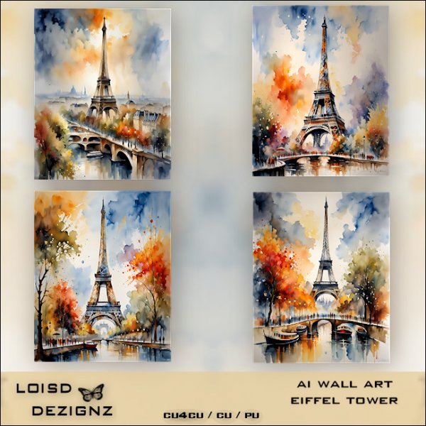 AI - Wall Art 04 - Watercolour Eiffel Tower Scenes - cu4cu/cu/pu - Click Image to Close